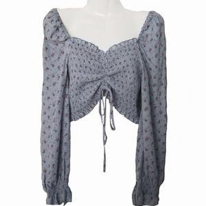 Boho Floral Peasant Top L Gray